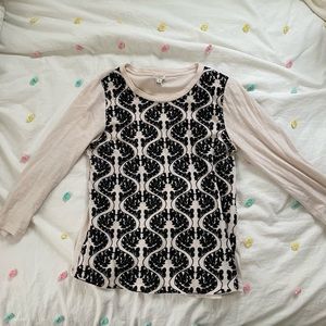 J. Crew Factory cream colored 3/4 length shirt with black lace detail